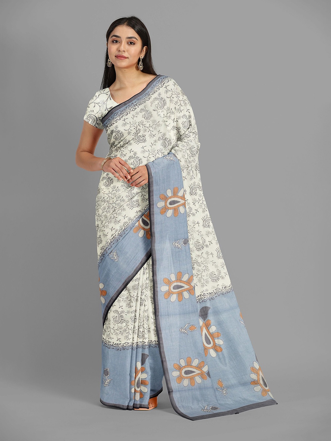 

The Chennai Silks Floral Pure Cotton Fusion Muga Saree, Cream