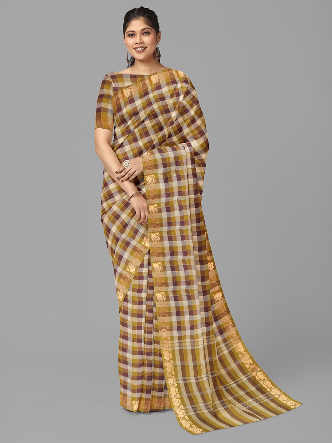 

The Chennai Silks Checked Zari Pure Cotton Fusion Chettinad Saree, Olive