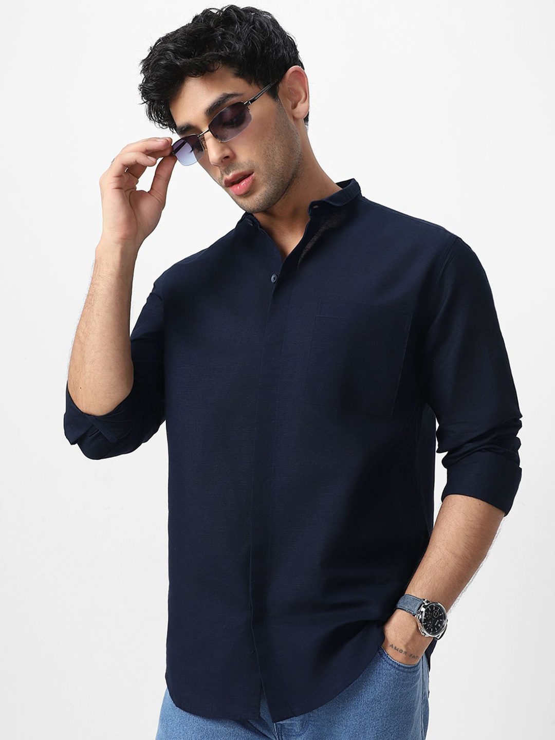 

Urbano Fashion Men Club Collar Solid Cotton Casual Shirt, Navy blue