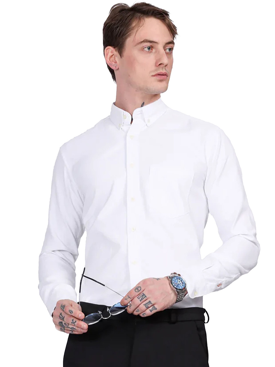 

ilyzly Men Standard Button-Down Collar Solid Cotton Tailored Fit Semiformal Shirt, White