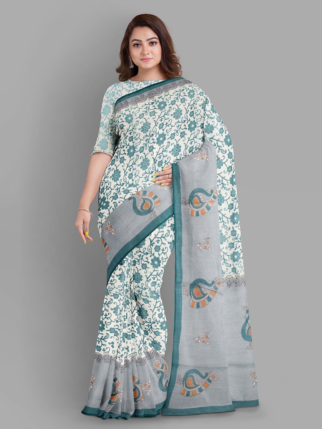 

The Chennai Silks Floral Pure Cotton Fusion Muga Saree, Cream