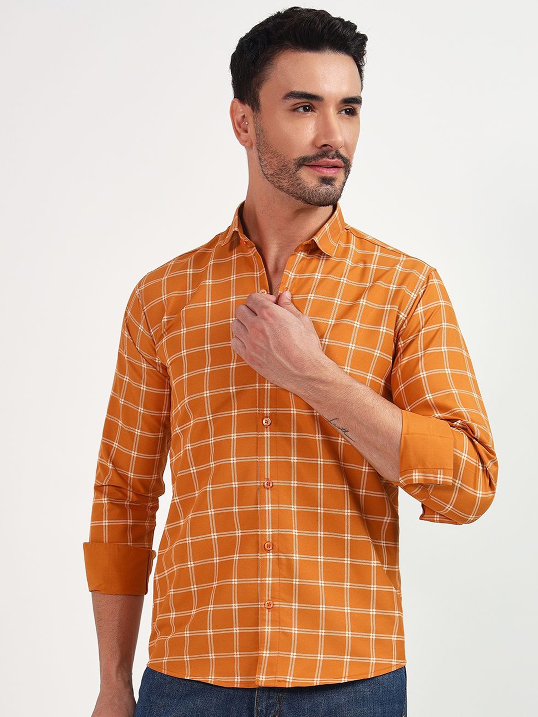 

YOUTH FIRST Men Premium Shepherd Checks Opaque Checked Casual Shirt, Orange