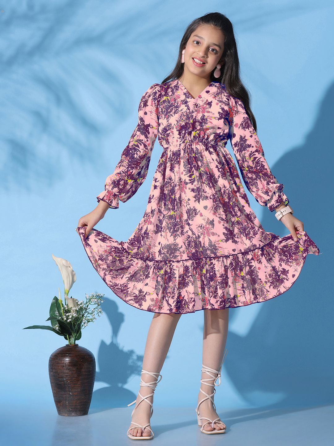 

FASHION DREAM Girls Floral Print Fit & Flare Midi Dress, Pink