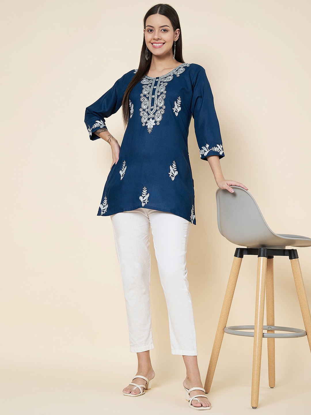 

HERE&NOW Women Floral Embroidered Thread Work Daily Wear Casual Kurti, Teal