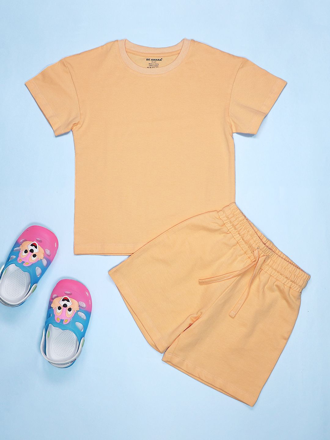 

BE AWARA Kids Drop Shoulder Pure Cotton T-shirt With Shorts, Peach