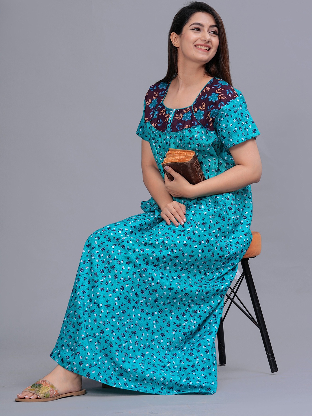 

MAYA PRINT Women Floral Printed Cotton Maxi Nightdress, Sea green