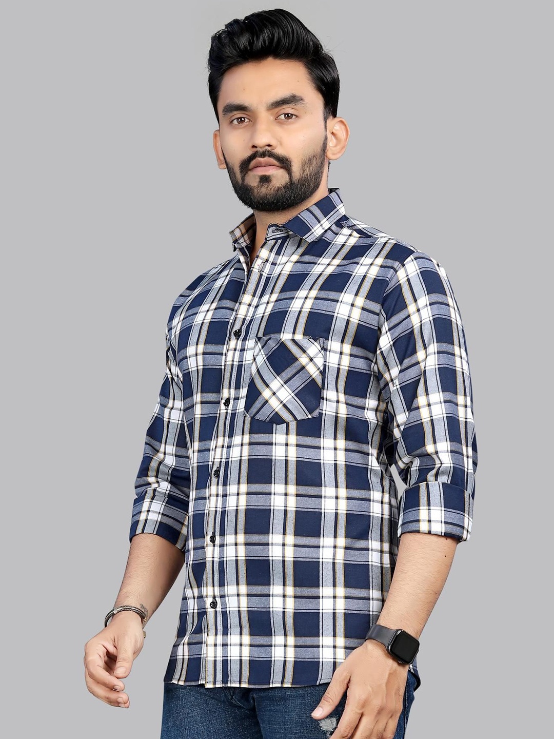 

allan peter Men Classic Spread Collar Tartan Checked Cotton Casual Shirt, Navy blue
