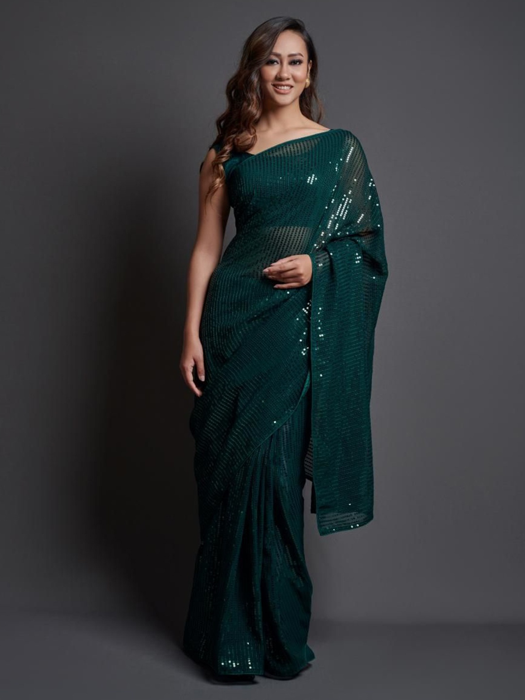 

THE52 Womens Embellished Pure Georgette Saree, Green