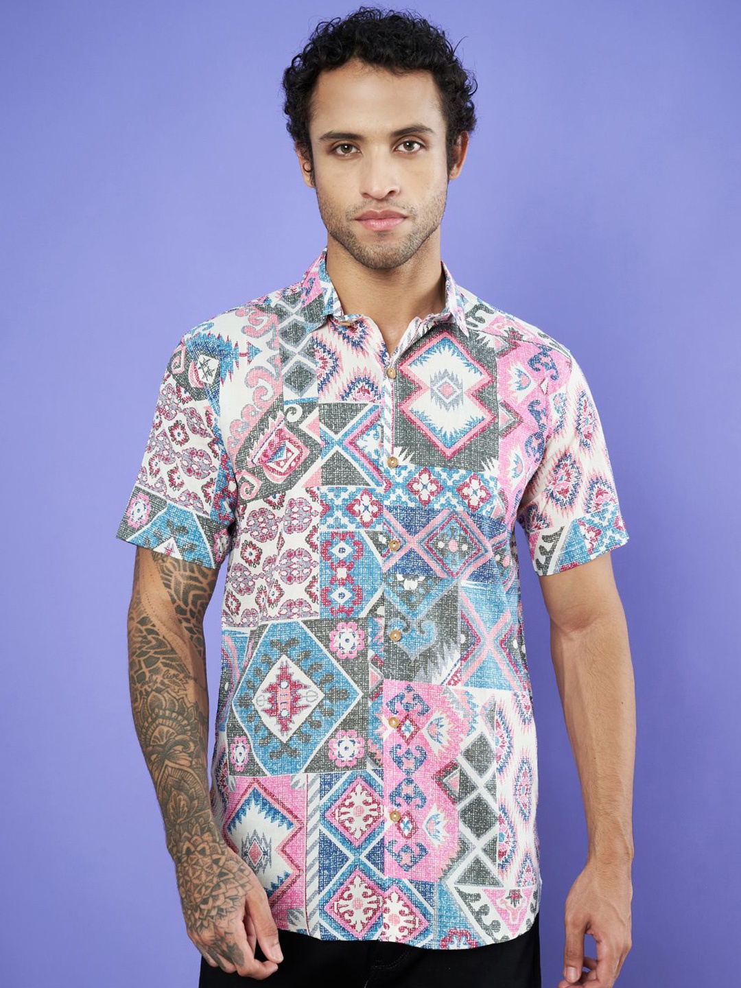 

KALINI Men Premium Spread Collar Abstract Printed Cotton Casual Shirt, White