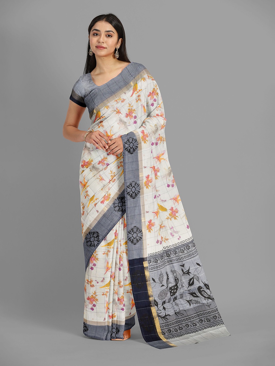 

The Chennai Silks Floral Pure Cotton Fusion Kota Saree, Off white