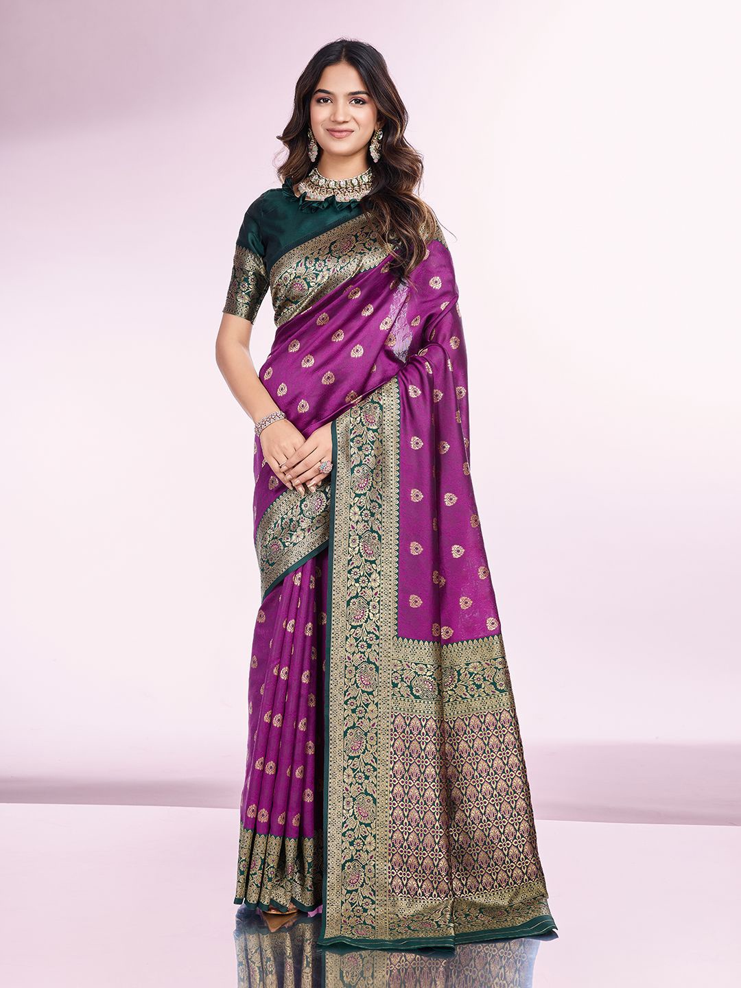

RICH & ROMAN Ethnic Motifs Woven Design Zari Pure Silk Banarasi Saree, Purple