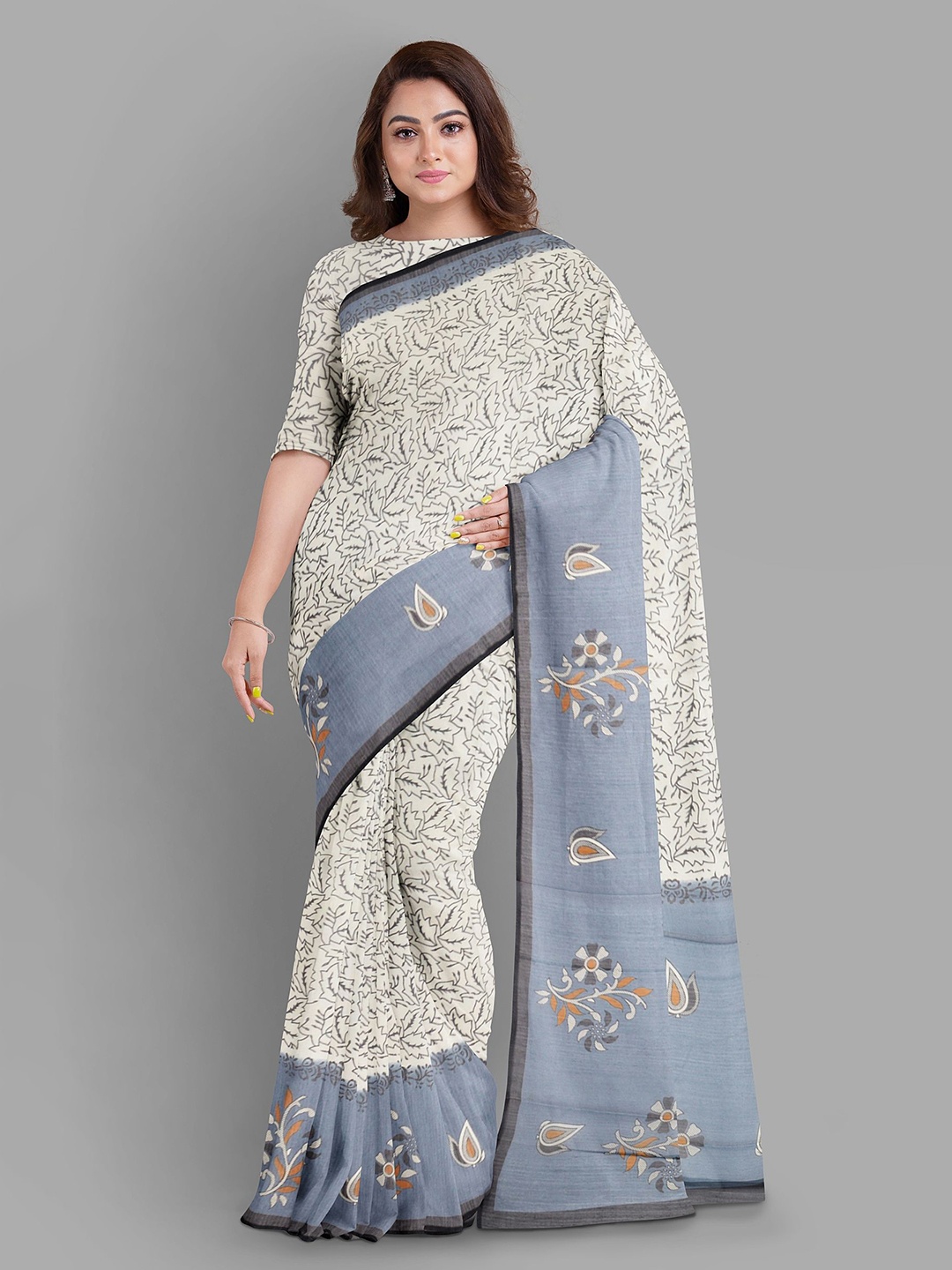 

The Chennai Silks Floral Printed Pure Cotton Muga Saree, Cream