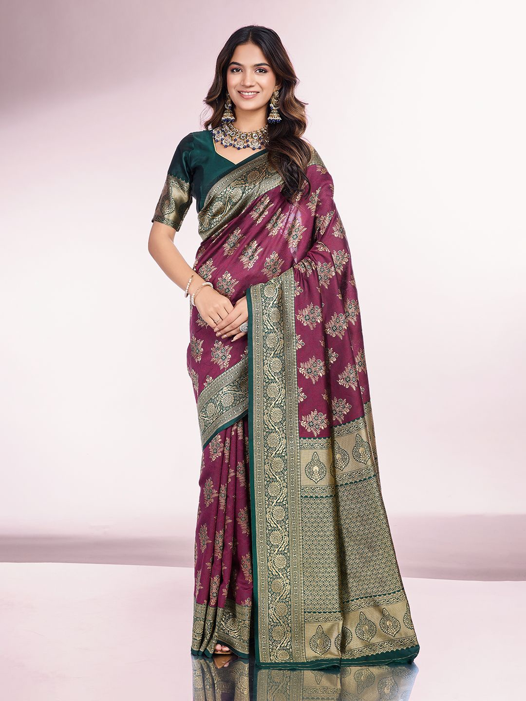 

RICH & ROMAN Woven Design Zari Pure Silk Banarasi Saree, Burgundy
