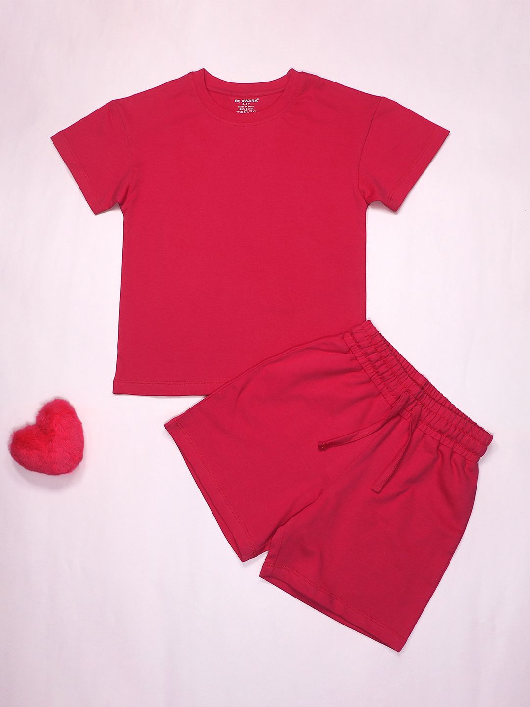 

BE AWARA Kids Drop Shoulder Pure Cotton T-shirt With Shorts, Red