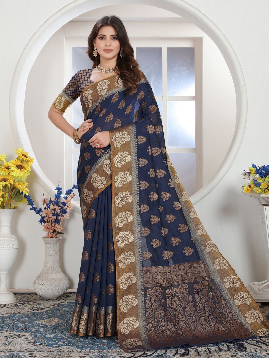 

ISHIKA FAB Woven Design Zari Chanderi Saree, Navy blue