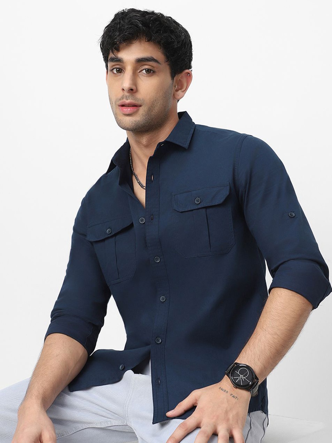 

Urbano Fashion Men Spread Collar Solid Cotton Casual Shirt, Navy blue