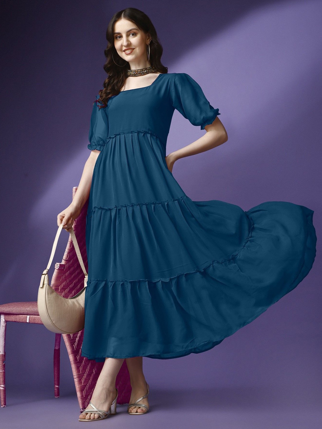 

Raiyani Enterprise Women Square Neck Fit & Flare Maxi Dress, Blue