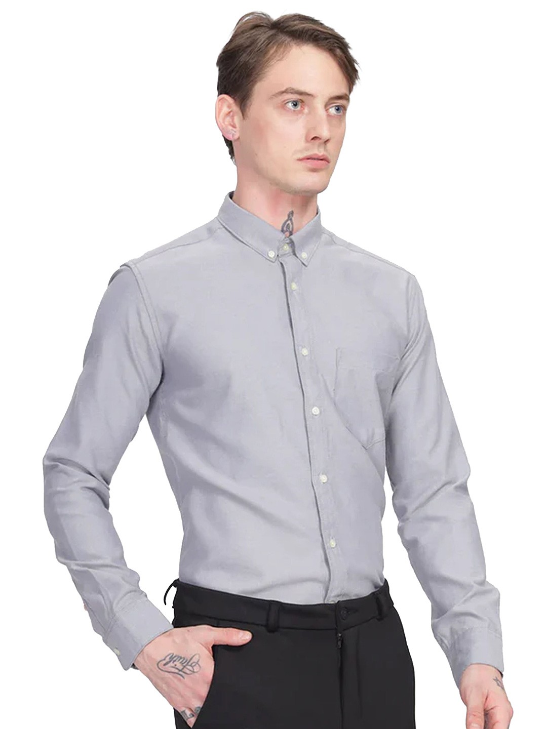 

ilyzly Men Standard Button-Down Collar Solid Cotton Tailored Fit Semiformal Shirt, Grey