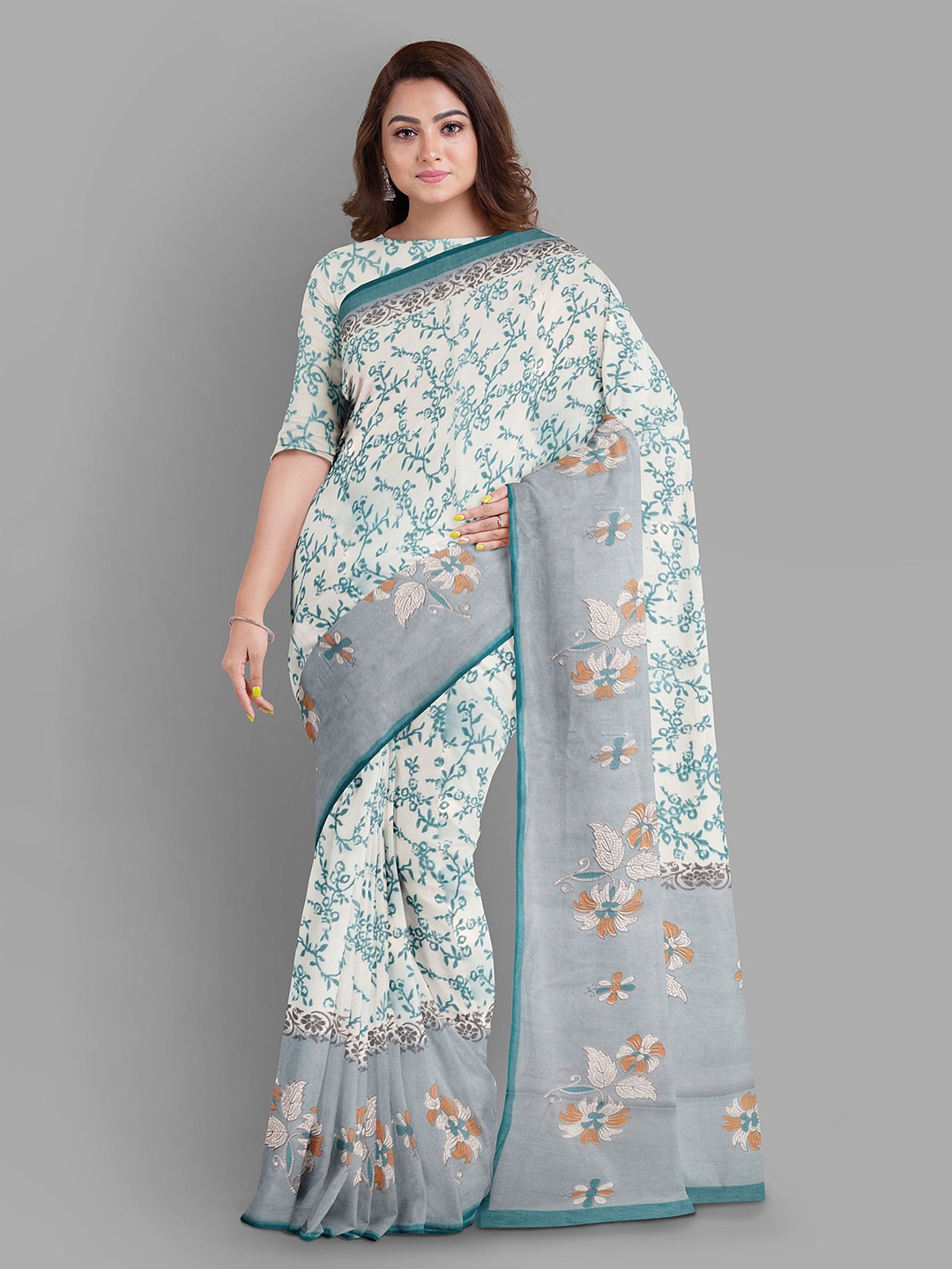 

The Chennai Silks Floral Printed Pure Cotton Muga Saree, Cream