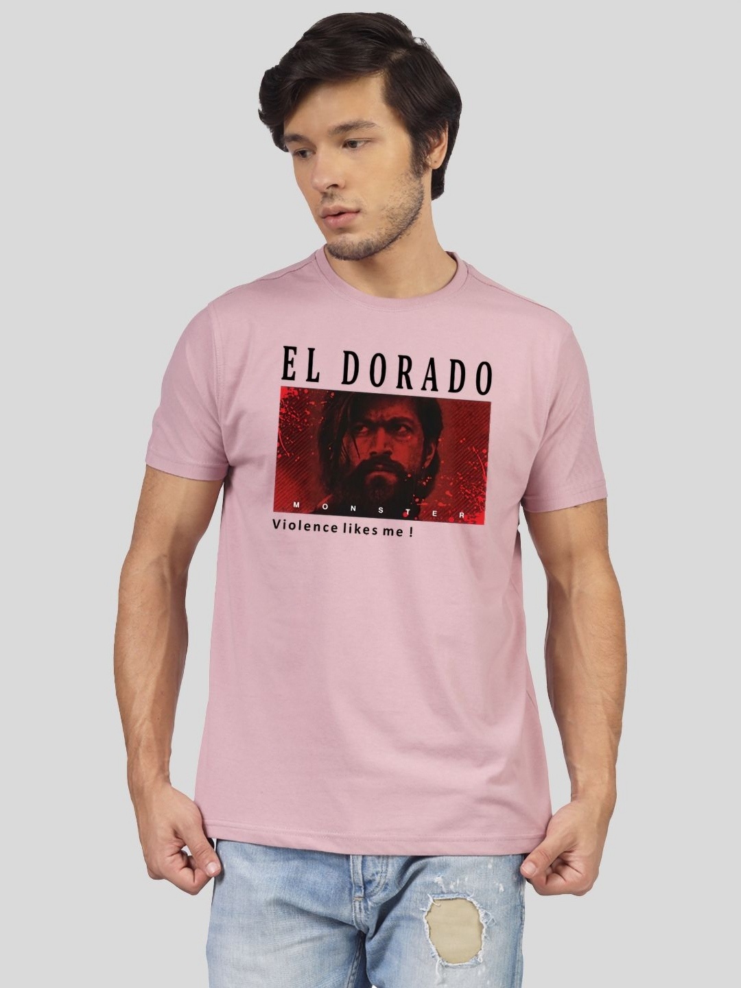 

Greylongg Men Graphic Printed Round Neck Cotton T-shirt, Pink