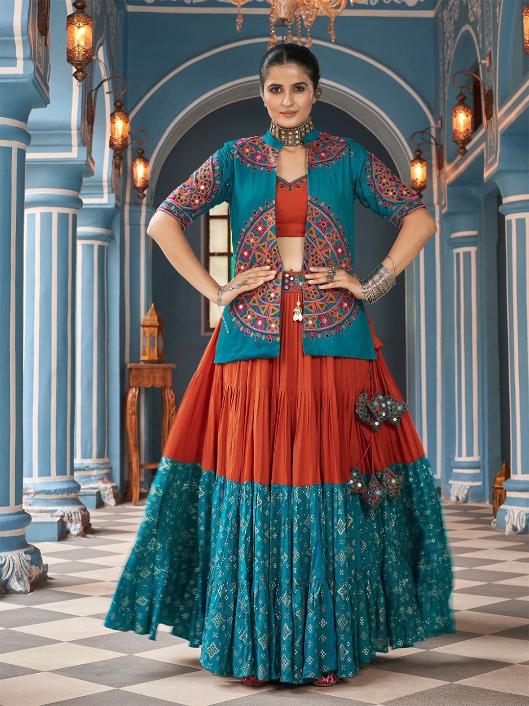 

ODETTE Embroidered Mirror Work Ready to Wear Lehenga & Blouse With Shrug, Orange