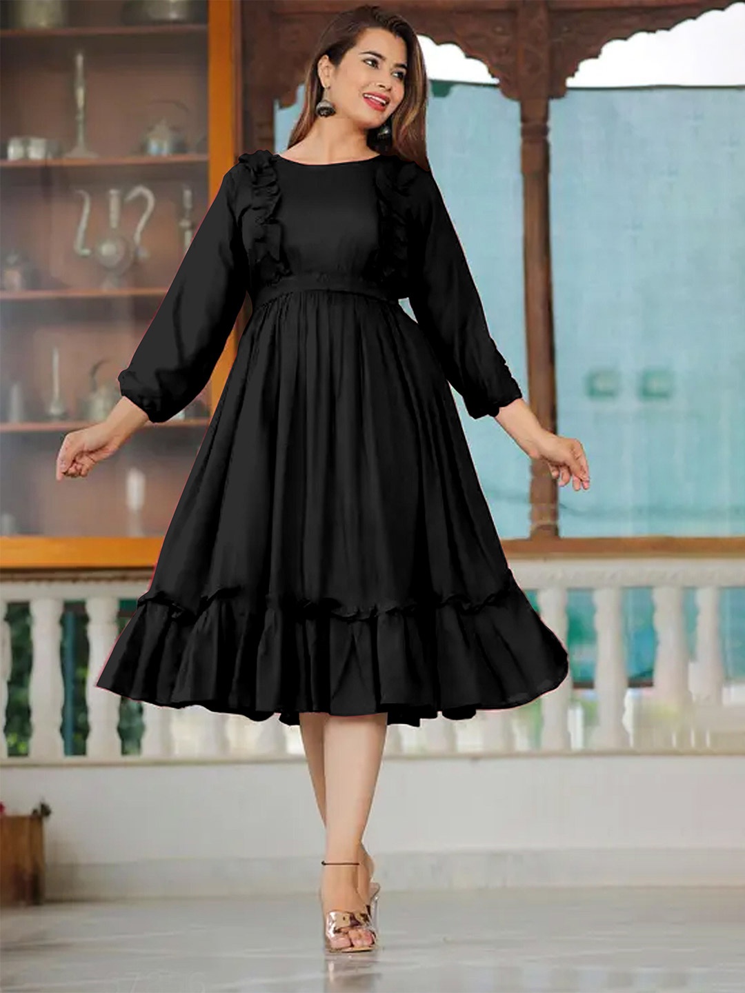 

Krunal Raiyani Women Layered Tiered Fit & Flare Maxi Dress, Black