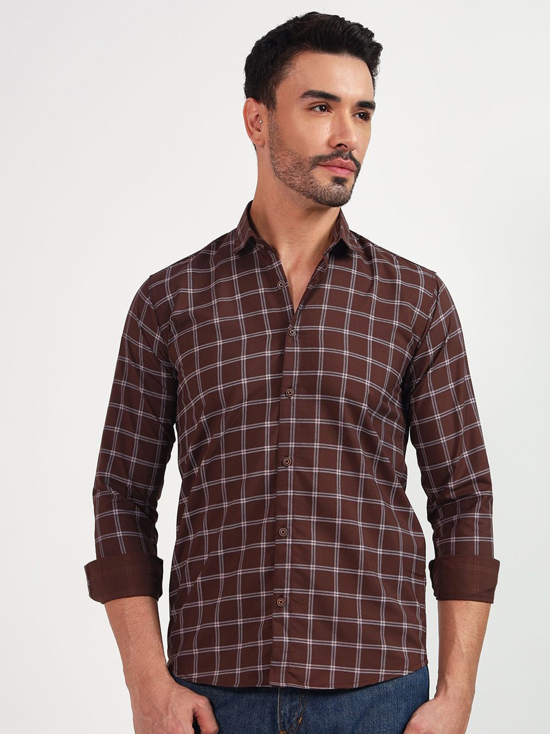 

YOUTH FIRST Men Premium Spread Collar Shepherd Checked Casual Shirt, Brown
