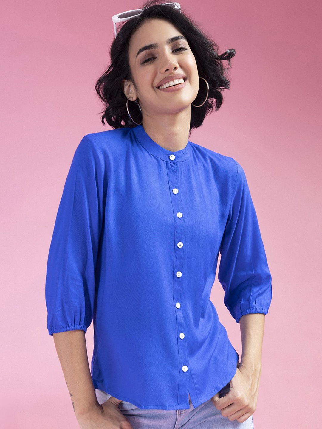 

Jomso Women Mandarin Collar Shirt Style Top, Blue