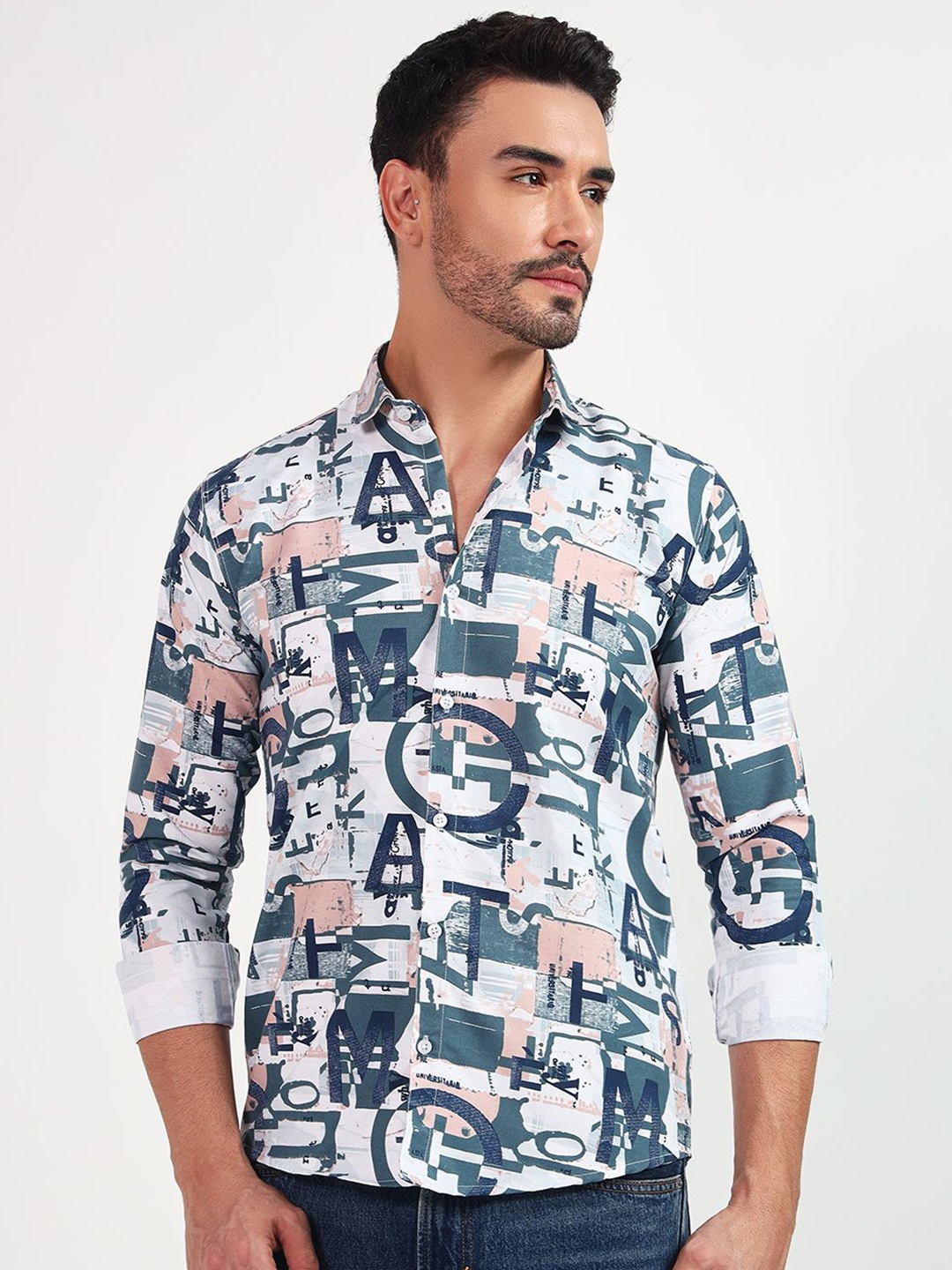

YOUTH FIRST Men Premium Spread Collar Typography Printed Casual Shirt, Blue
