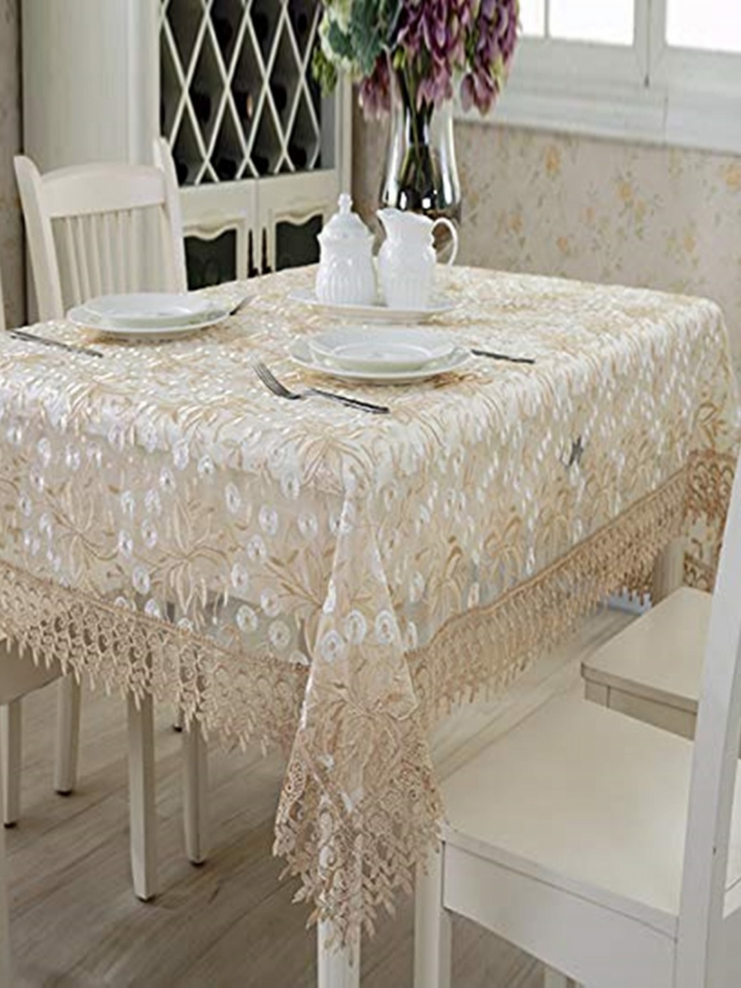 

MONKDECOR White Floral 4-Seater Table Cover with Embroidered details