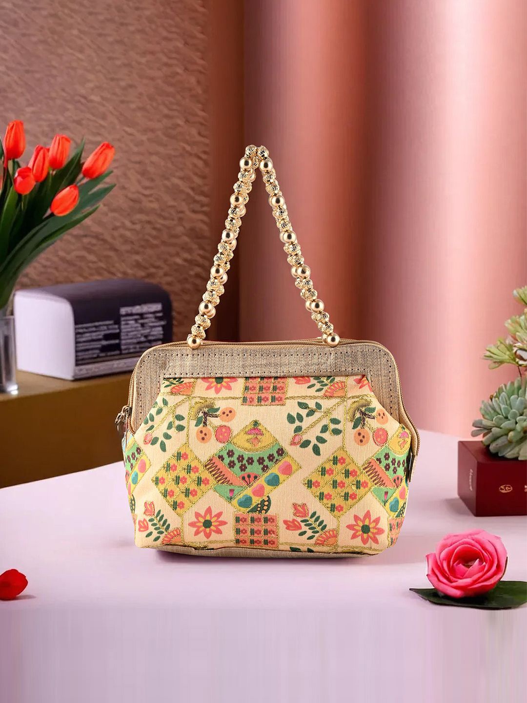 

Kuber Industries Women Floral Embroidered Structured Handheld Bag, Cream