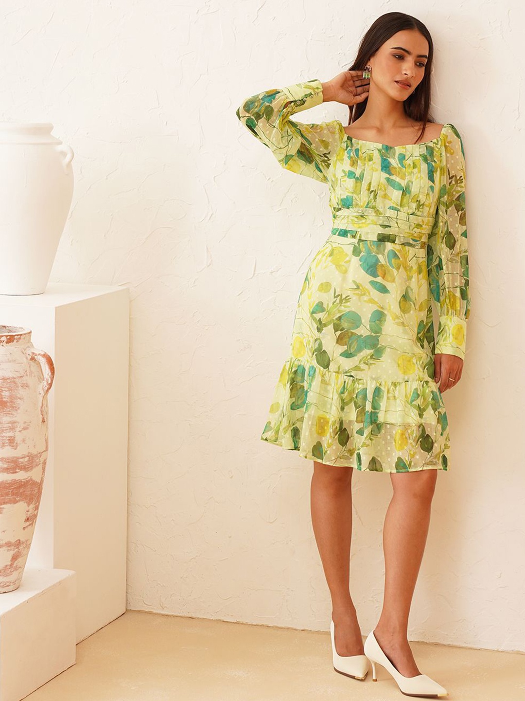 

Beatnik Women Floral Printed Puff Sleeve Cotton Fit & Flare Dress, Green