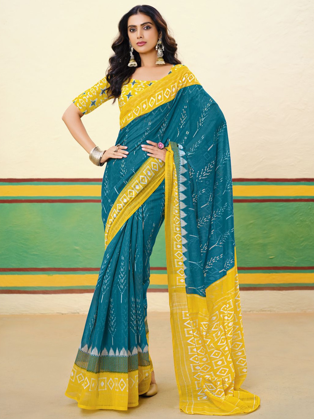 

CHUDIYA Colourblocked Pure Cotton Ikat Printed Saree, Yellow