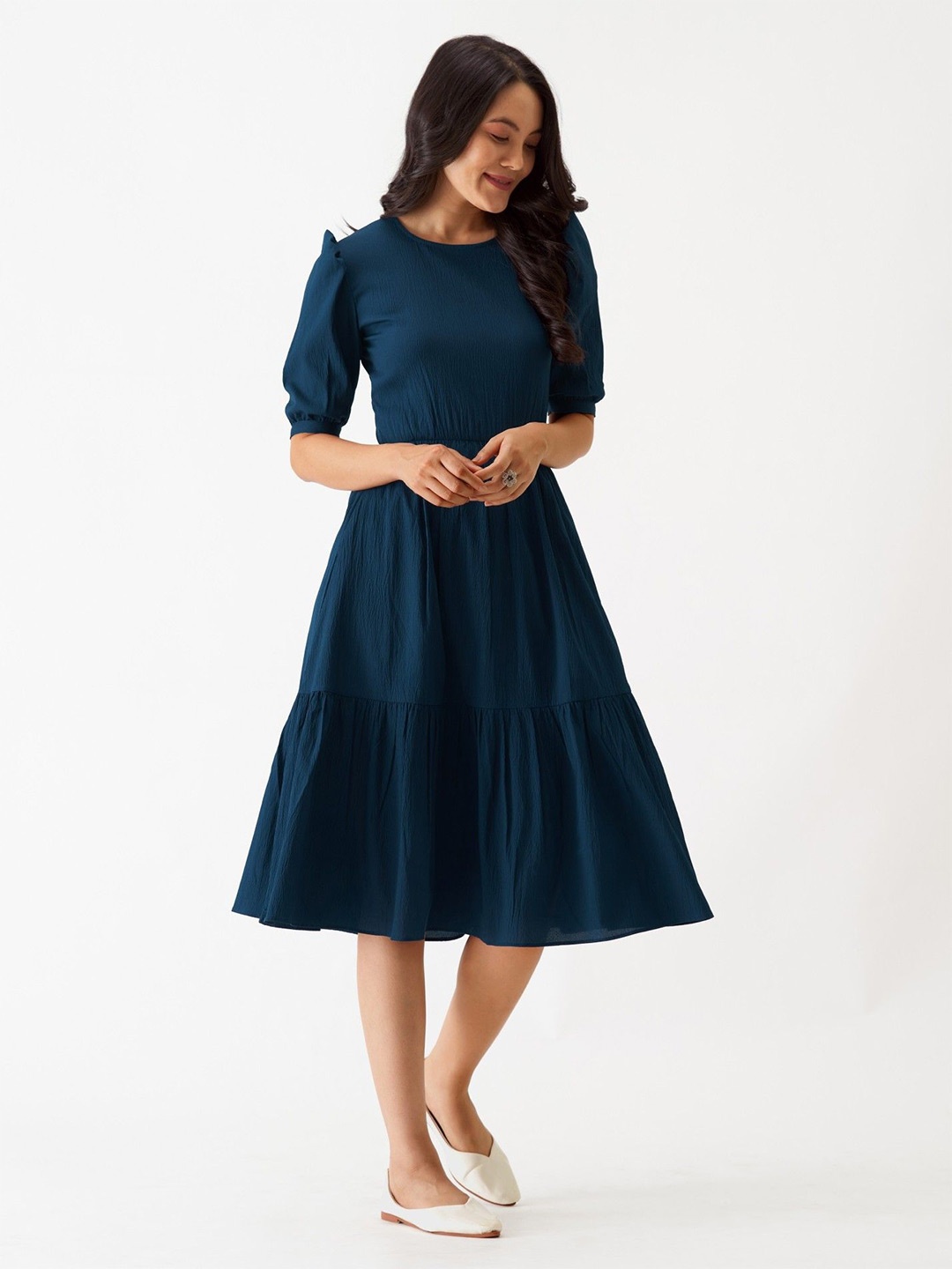 

Krunal Raiyani Women Puff Sleeves Fit & Flare Maxi Dress, Blue