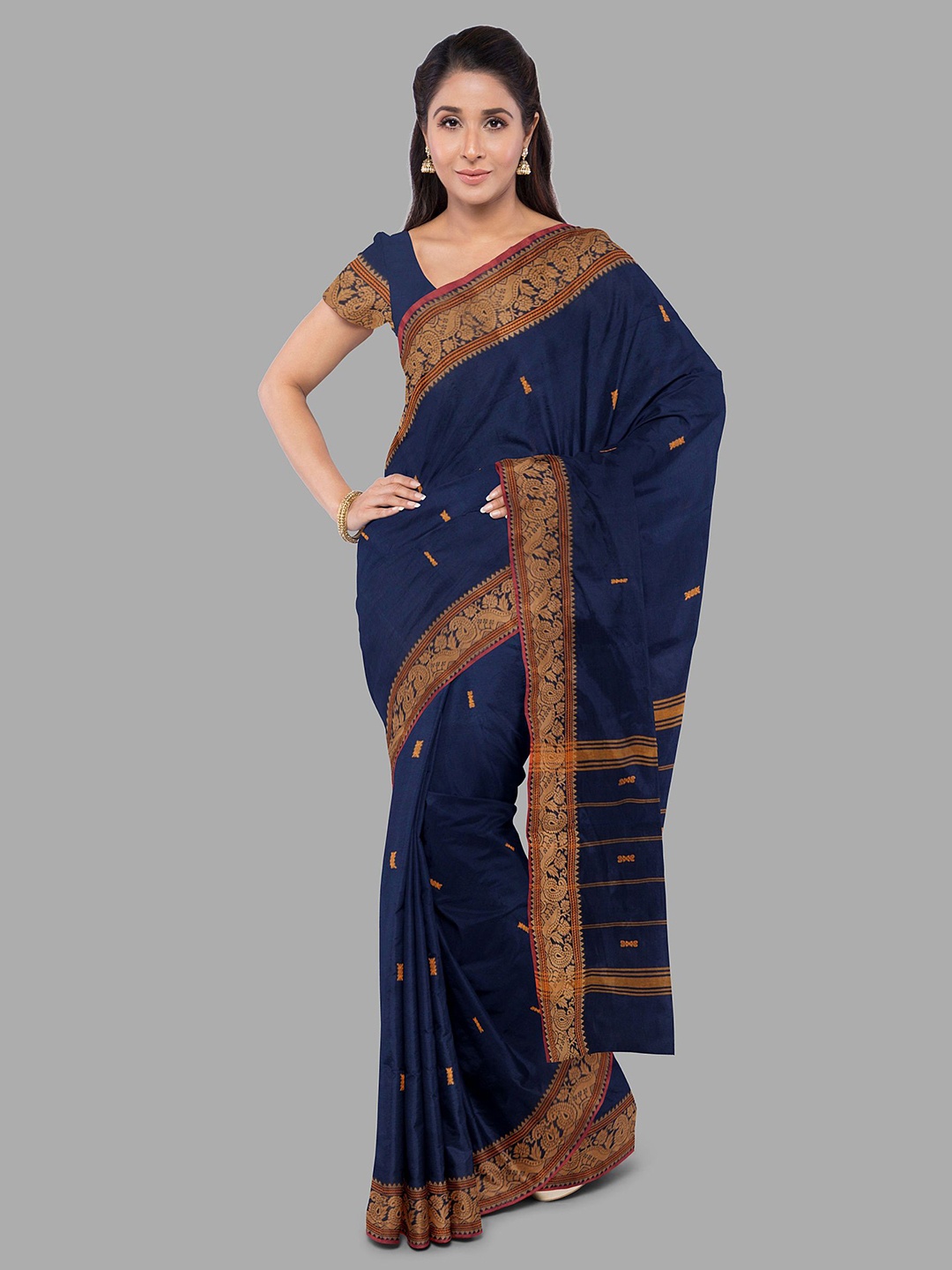 

The Chennai Silks Ethnic Motifs Zari Pure Cotton Chettinad Saree, Navy blue