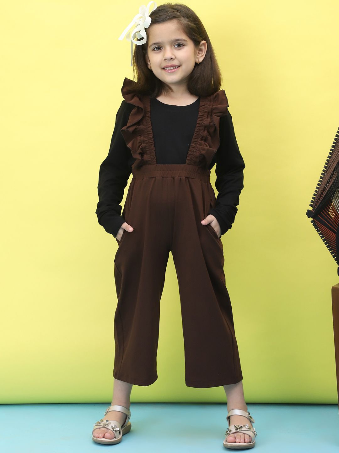 

Baawri Girls Pure Cotton Top With Dungaree, Brown