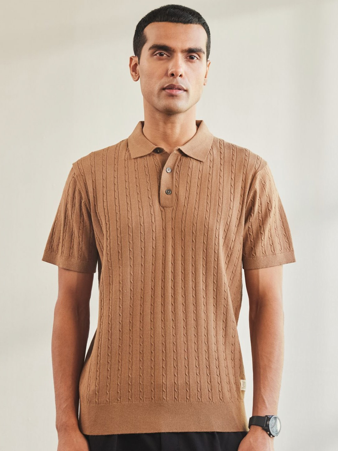 

Mr Bowerbird Men Striped Polo Collar Pockets Slim Fit T-shirt, Taupe