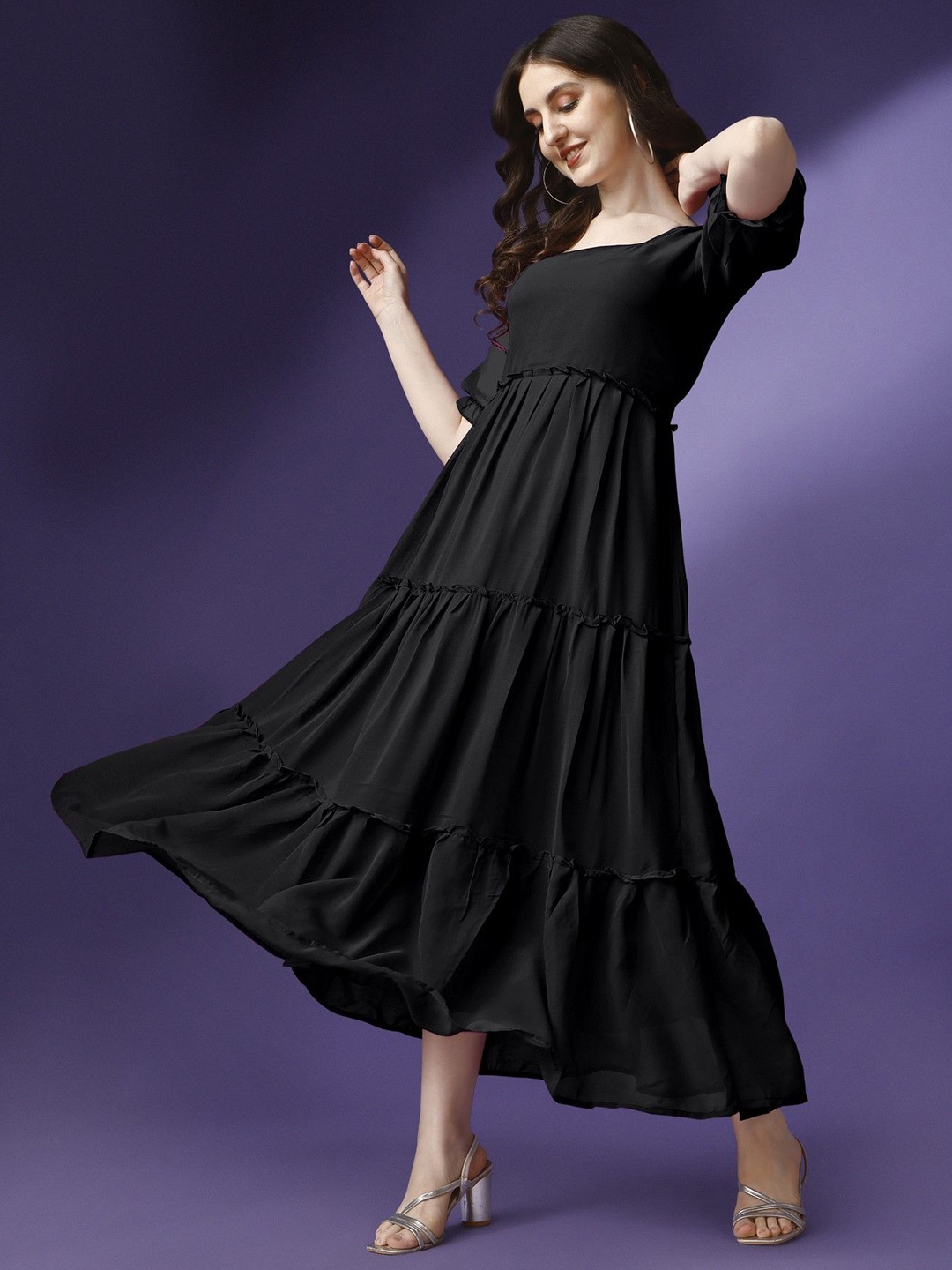 

Krunal Raiyani Women Applique Georgette Fit & Flare Maxi Dress, Black