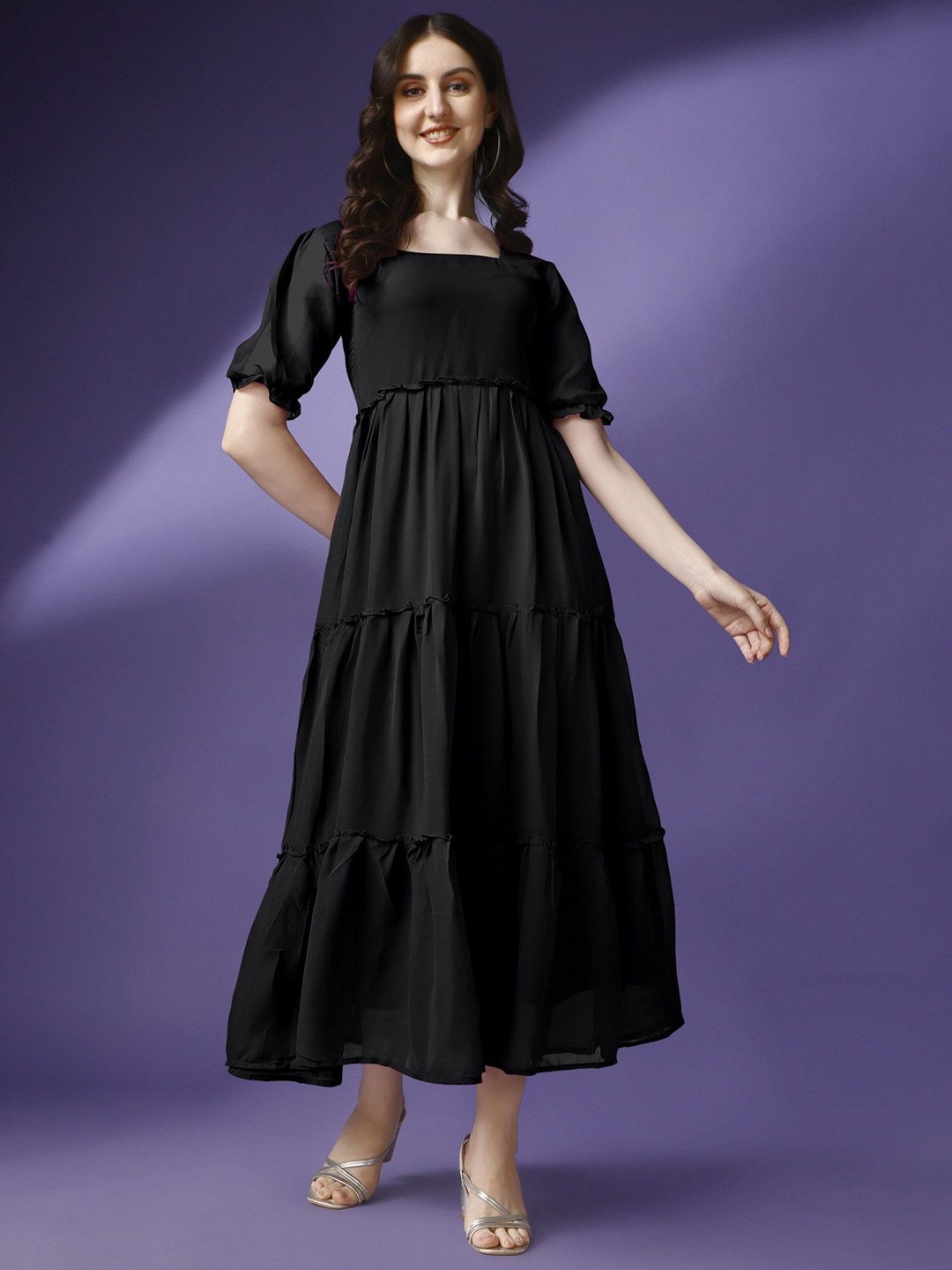 

Krunal Raiyani Women Puff Sleeve Fit & Flare Dress, Black