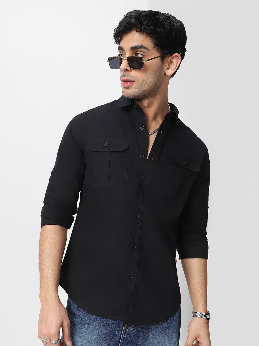 

Urbano Fashion Men Spread Collar Solid Cotton Casual Shirt, Black