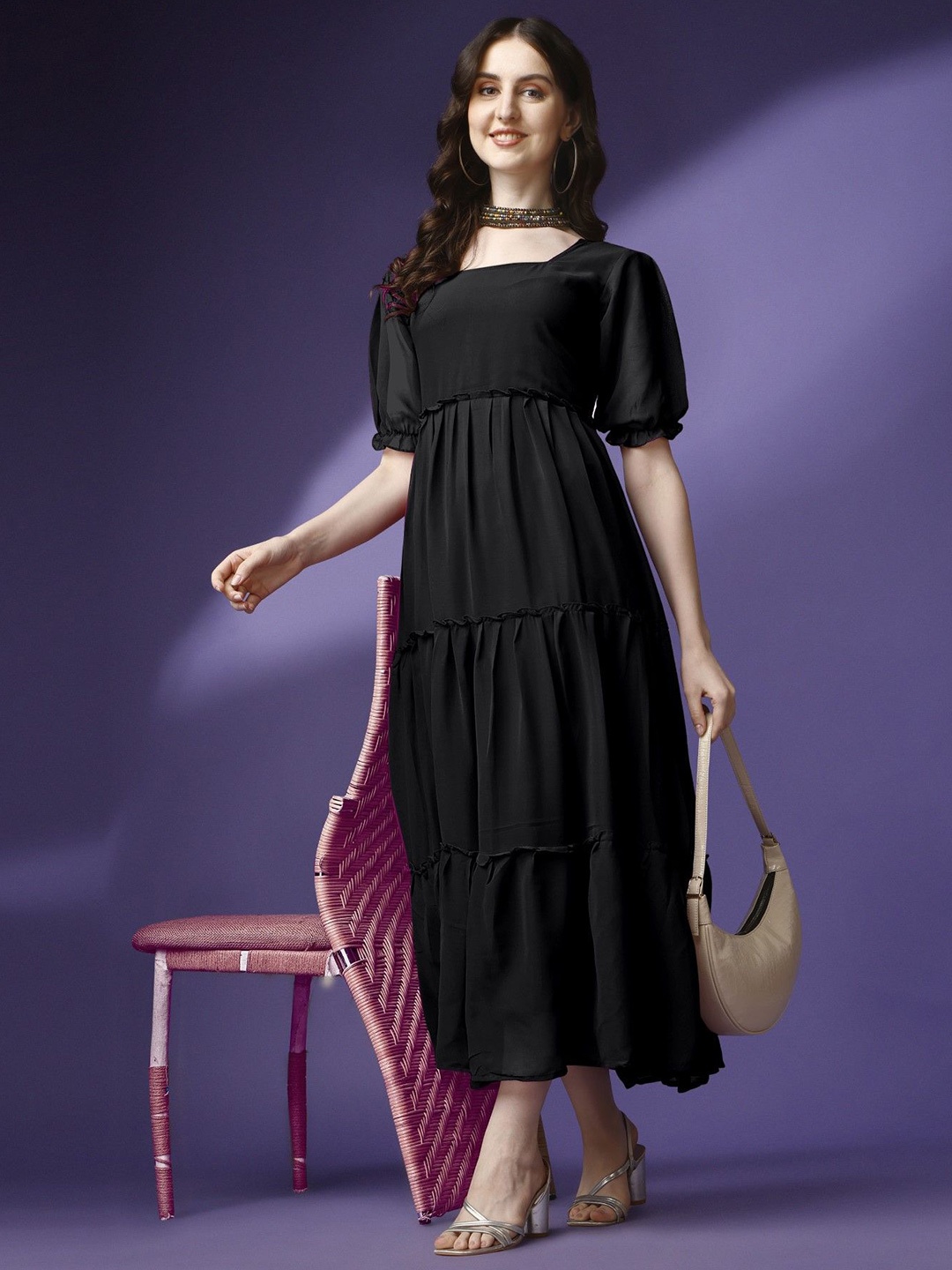 

Raiyani Enterprise Puff Sleeve Georgette Fit & Flare Midi Dress, Black