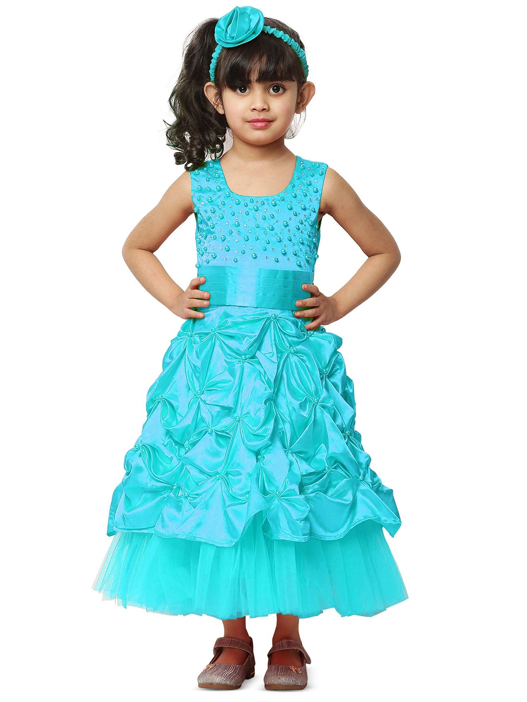 

Wish little Girls Embellished Beads & Stone Satin Maxi Dress, Turquoise blue