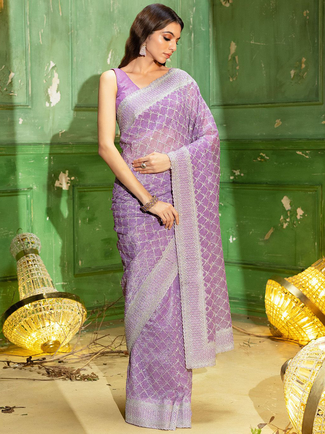 

Soch Embroidered Beads and Stones Pure Chiffon Saree, Lavender
