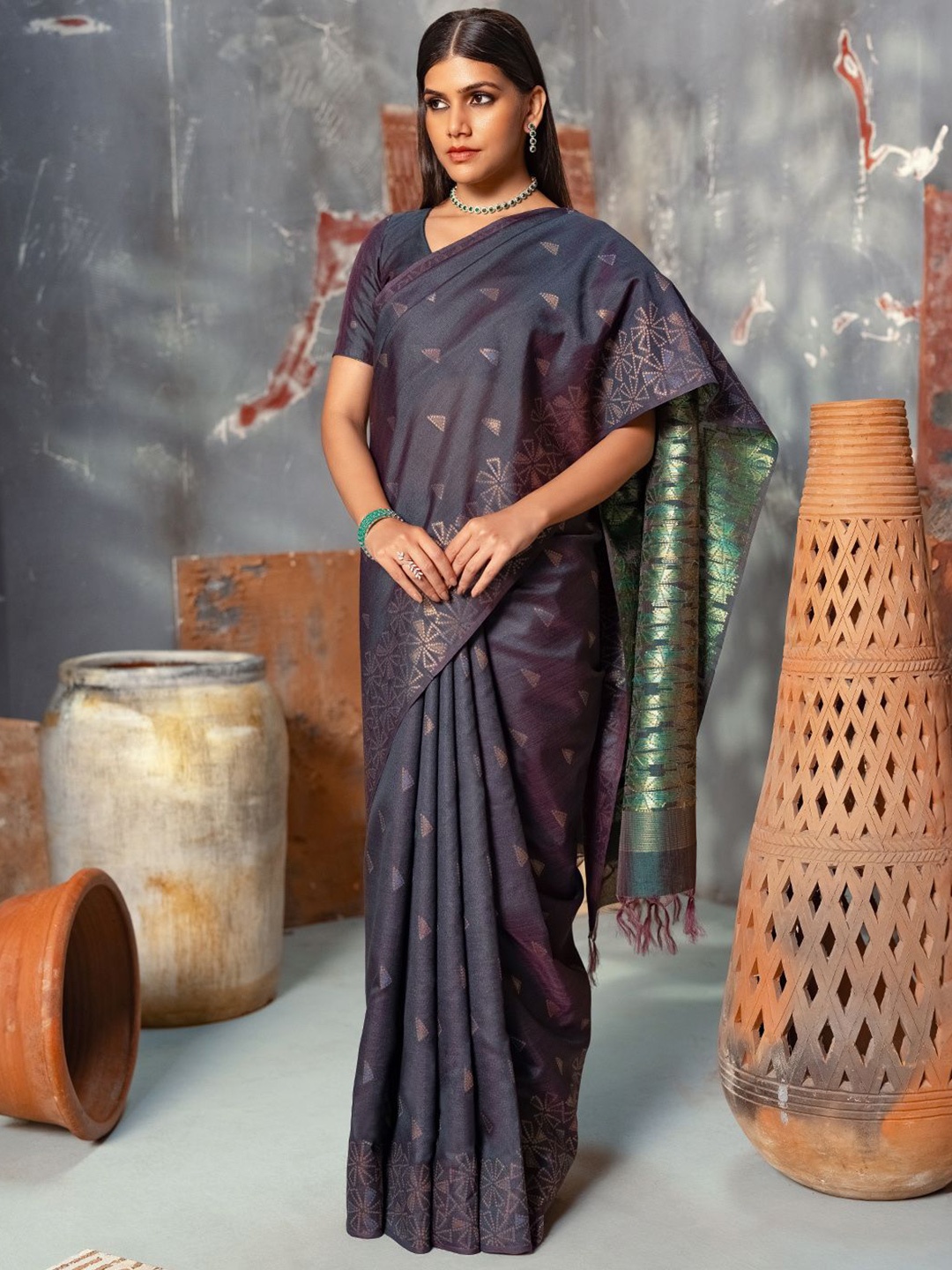 

Soch Woven Design Zari Silk Blend Tussar Saree, Charcoal