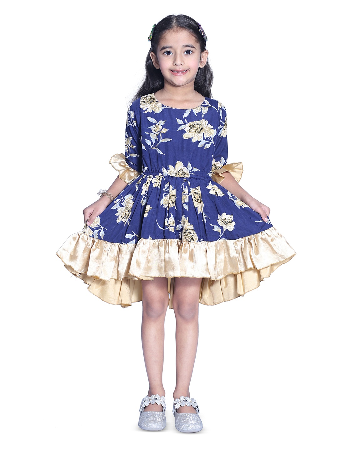 

Wish little Girls Floral Printed Bell Sleeve Crepe Fit & Flare Dress, Navy blue