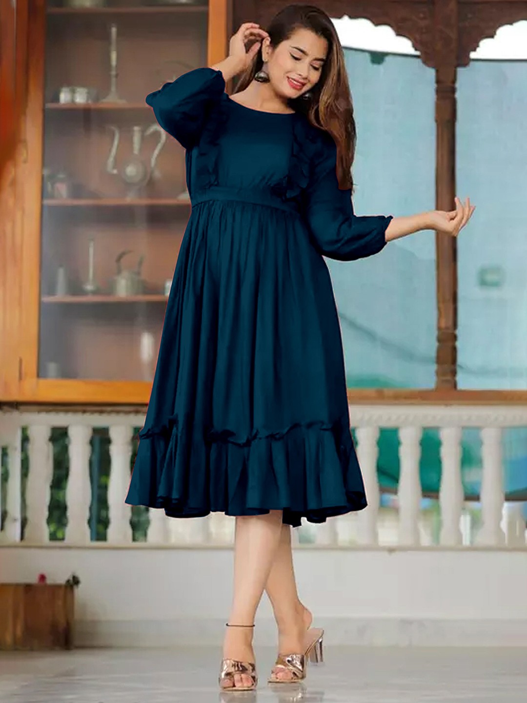 

Raiyani Enterprise Women Puff Sleeves Fit & Flare Dress, Blue