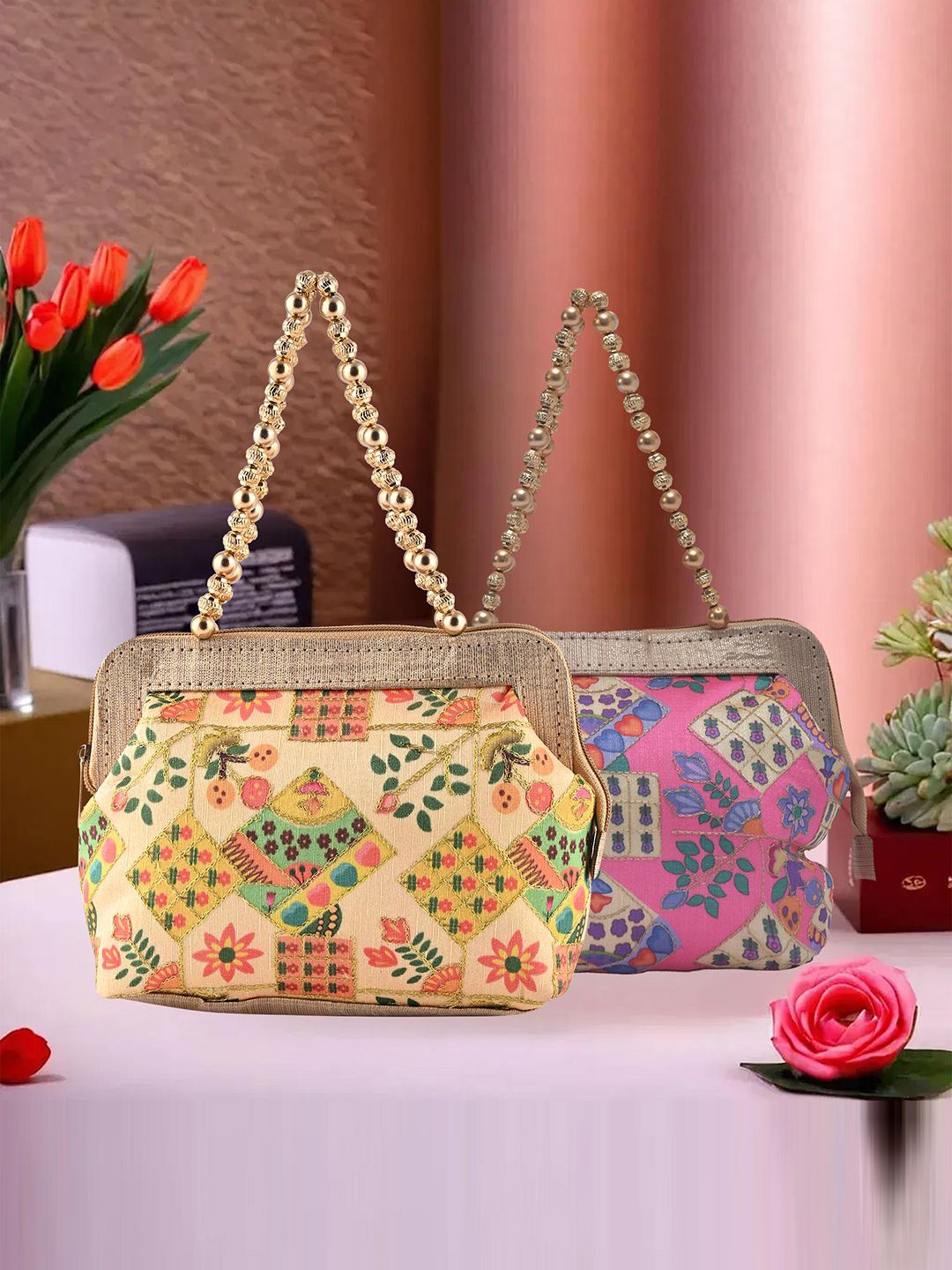 

Kuber Industries Women Pack Of 2 Floral Embroidered Structured Handheld Bags, Cream