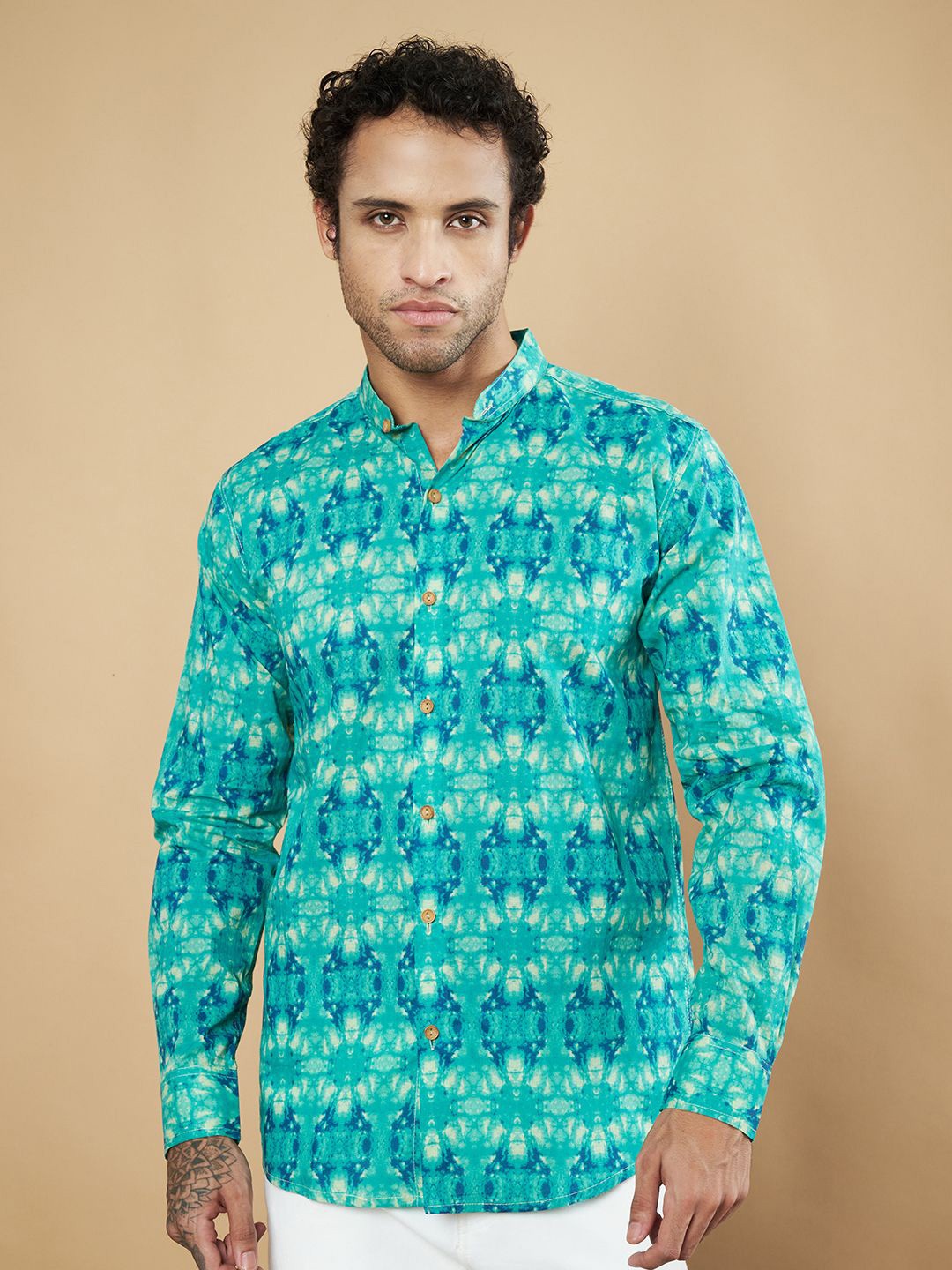 

COTLAND FASHION Men Premium Mandarin Collar Floral Printed Cotton Casual Shirt, Turquoise blue