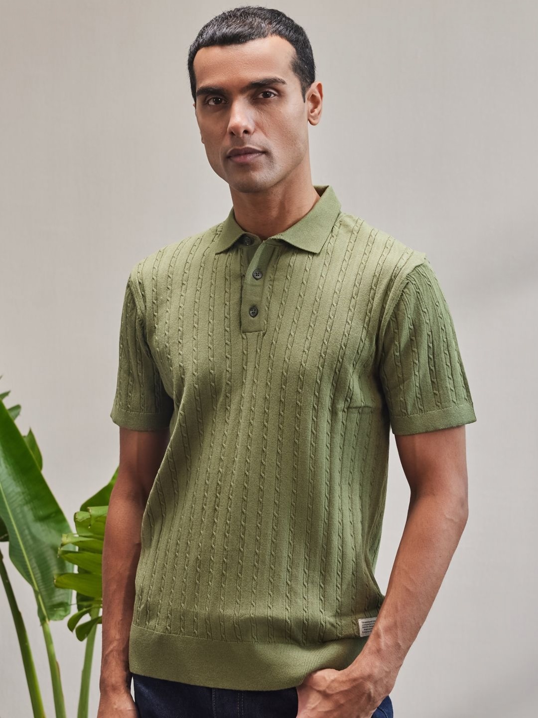 

Mr Bowerbird Men Printed Polo Collar Pockets Slim Fit T-shirt, Green