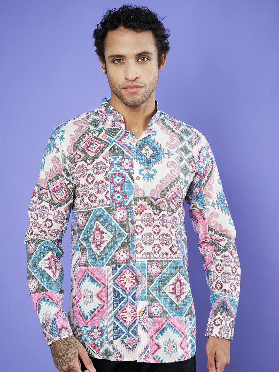 

KALINI Men Premium Band Collar Abstract Printed Cotton Casual Shirt, White
